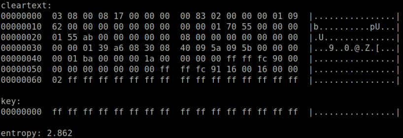 Screenshot of the firmware scan tool showing plaintext, the key used for decryption, and an entropy calculation of 2.862